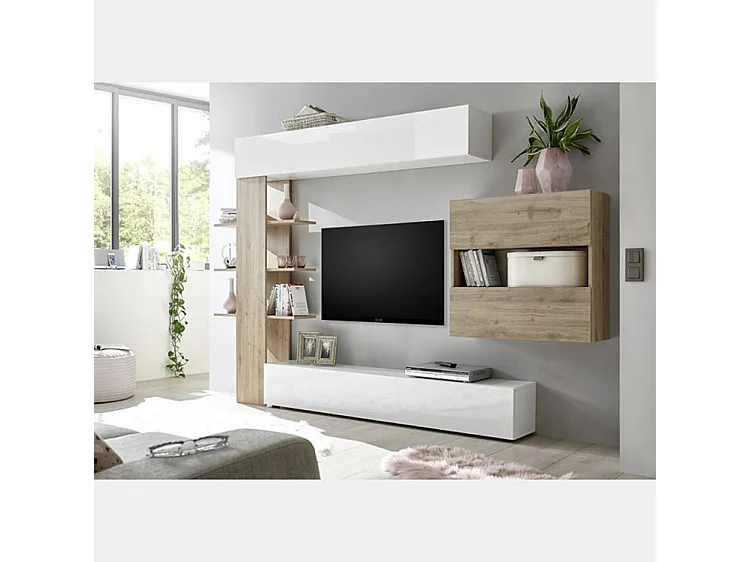 Parete attrezzata moderna a terra con libreria e pensile sospeso 295x187 PAL5 bianco e rovere cadiz