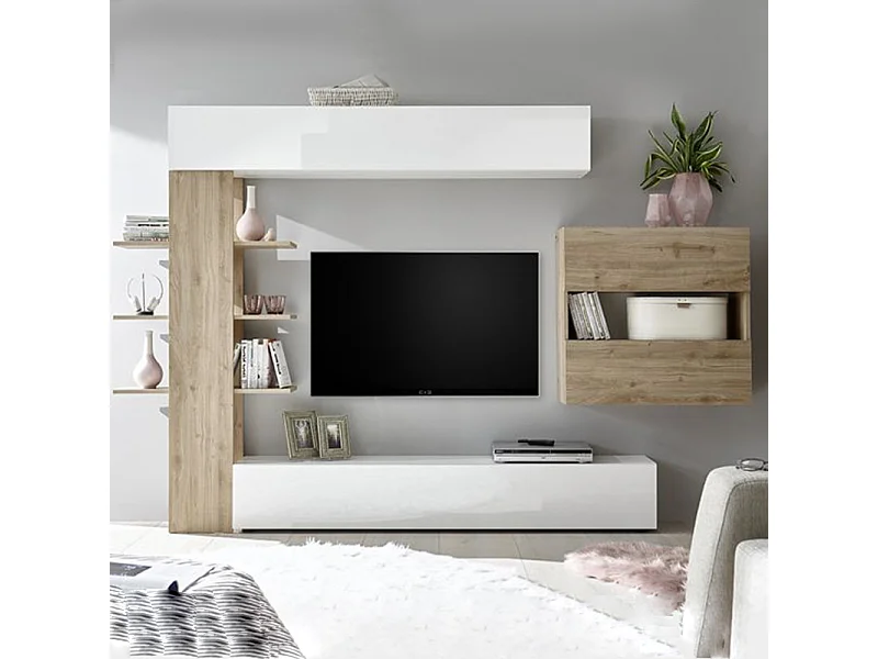 Parete attrezzata moderna a terra con libreria e pensile sospeso 295x187 PAL5 bianco e rovere cadiz