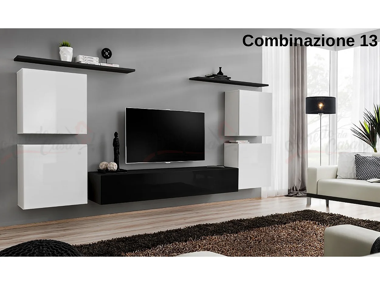 Parete attrezzata sospesa stile moderno PAP48 320x150 bianco e nero