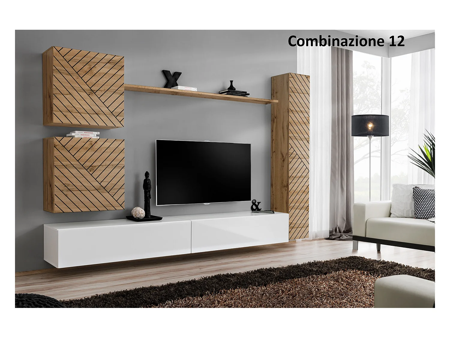 Parete attrezzata soggiorno design moderno PAP52 280x180 rovere e bianco