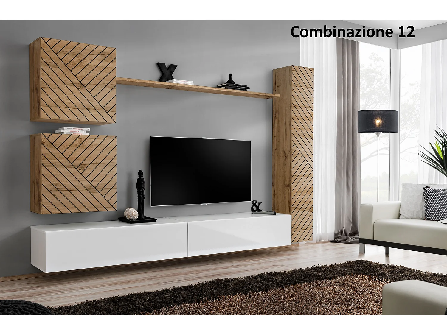 Parete attrezzata soggiorno design moderno PAP52 280x180 rovere e bianco