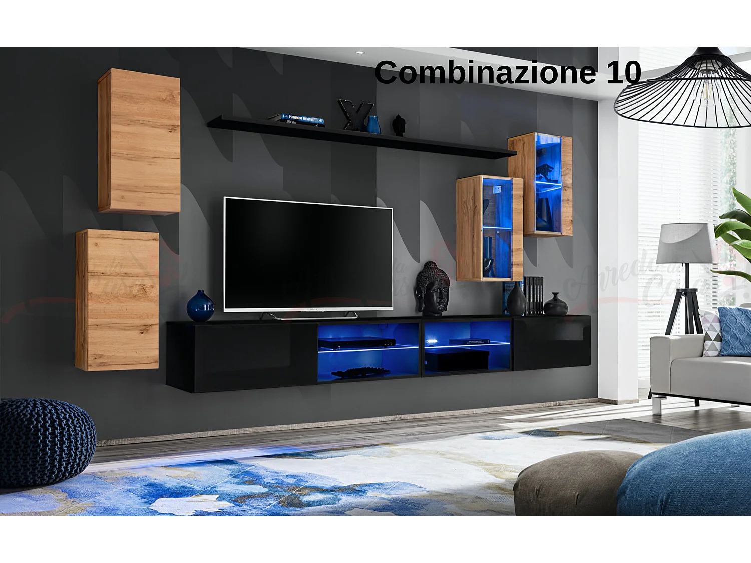 Parete attrezzata da soggiorno moderna con luci led 280x140 rovere e nero PAP71