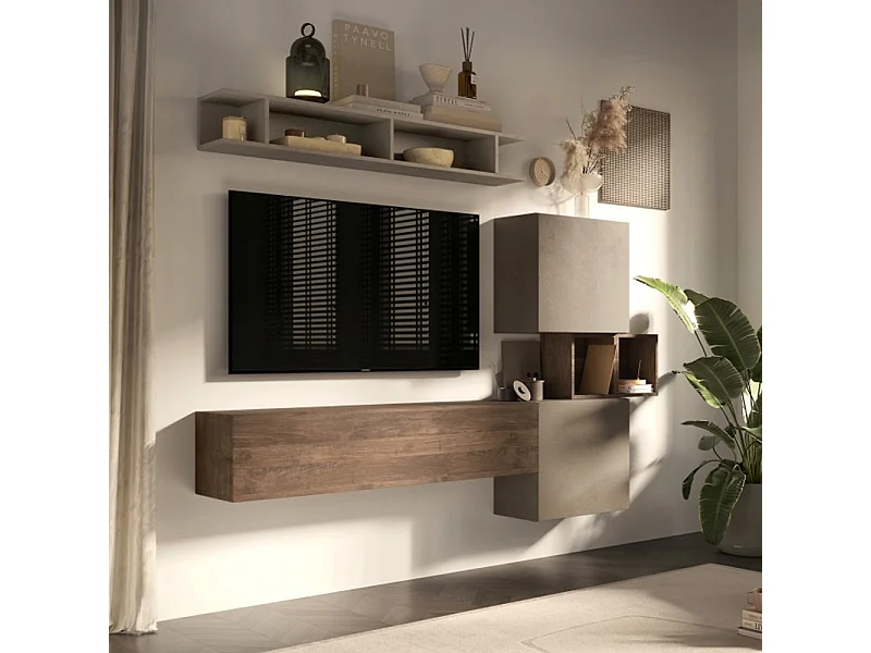 Parete attrezzata moderna 215x190 cm argilla e noce PAL12