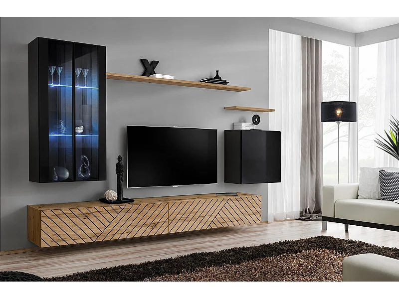 Parete attrezzata per soggiorno con luci LED 270x160 nero e rovere PAP56