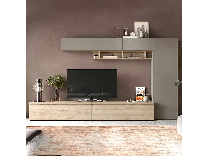 Parete attrezzata moderna 331x186 cm argilla e rovere PAL39