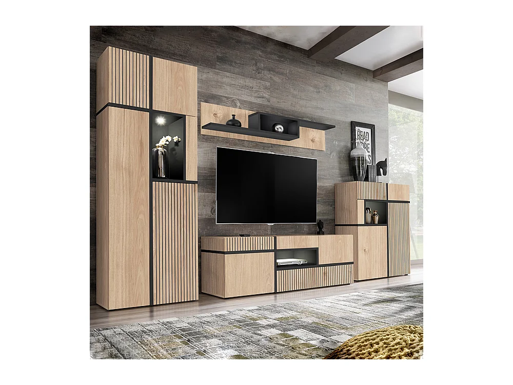 Parete attrezzata 150x195cm design moderno e stampa a strisce rovere e nero PAP33