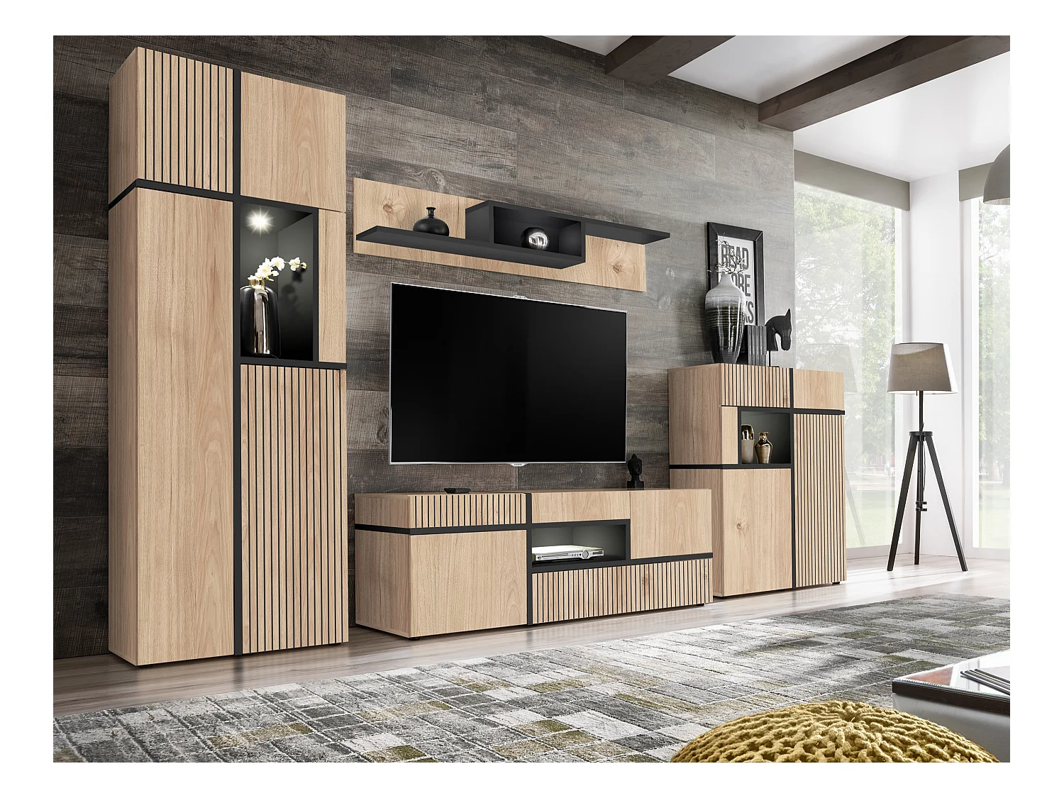 Parete attrezzata 150x195cm design moderno e stampa a strisce rovere e nero PAP33