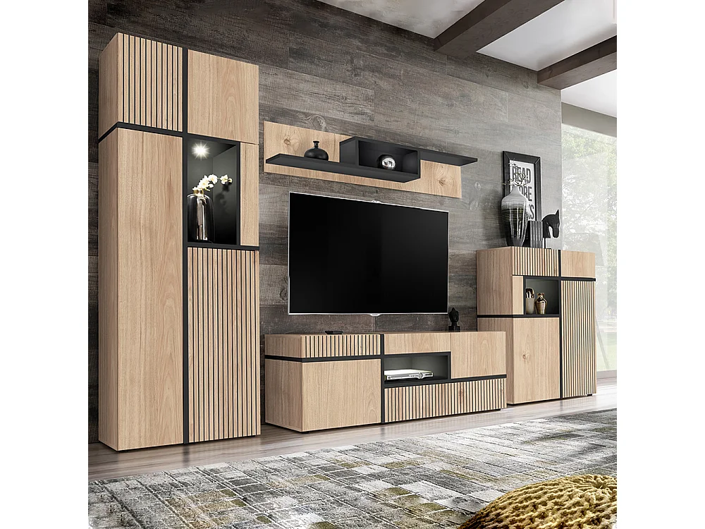 Parete attrezzata 150x195cm design moderno e stampa a strisce rovere e nero PAP33