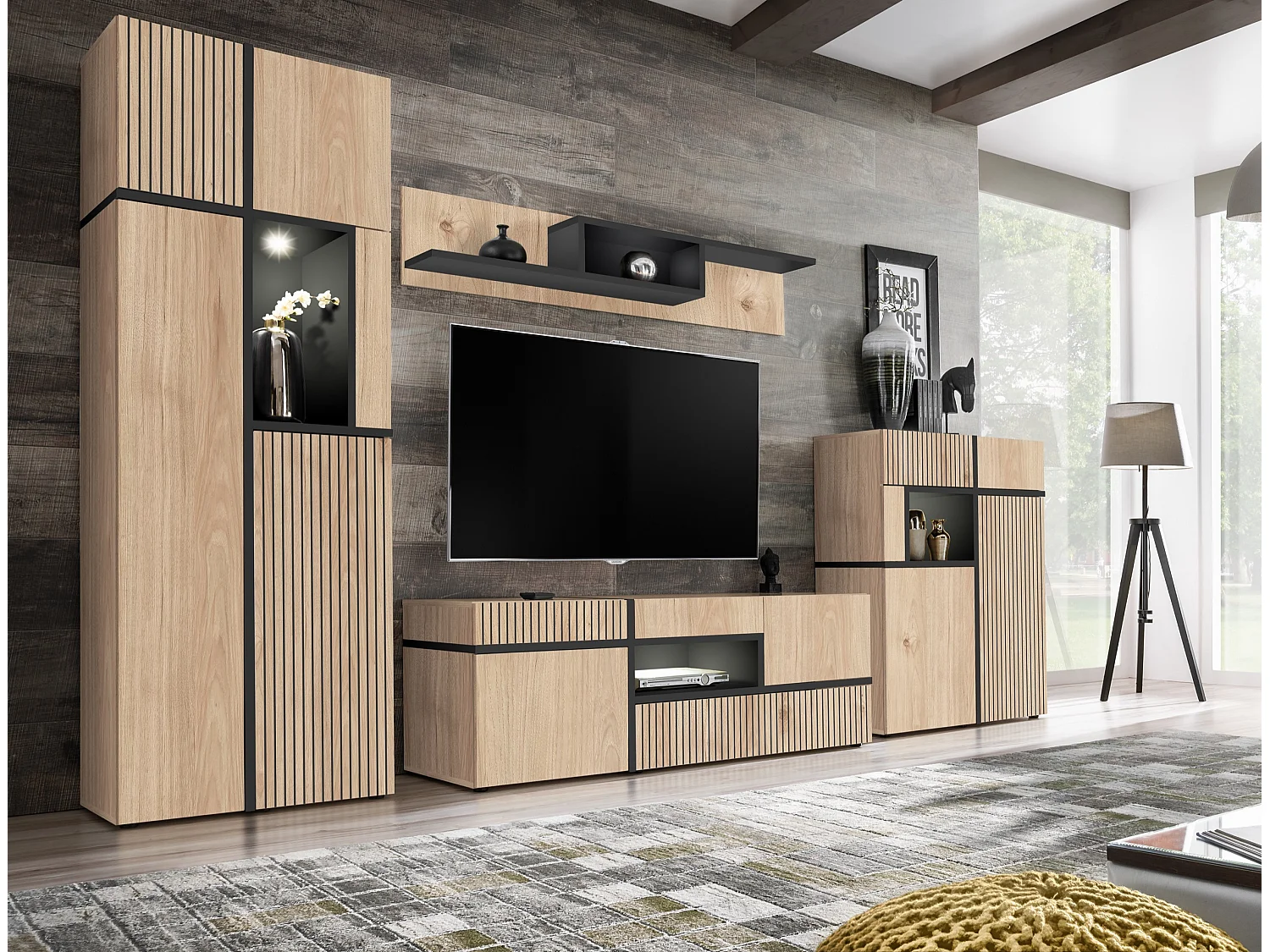 Parete attrezzata 150x195cm design moderno e stampa a strisce rovere e nero PAP33