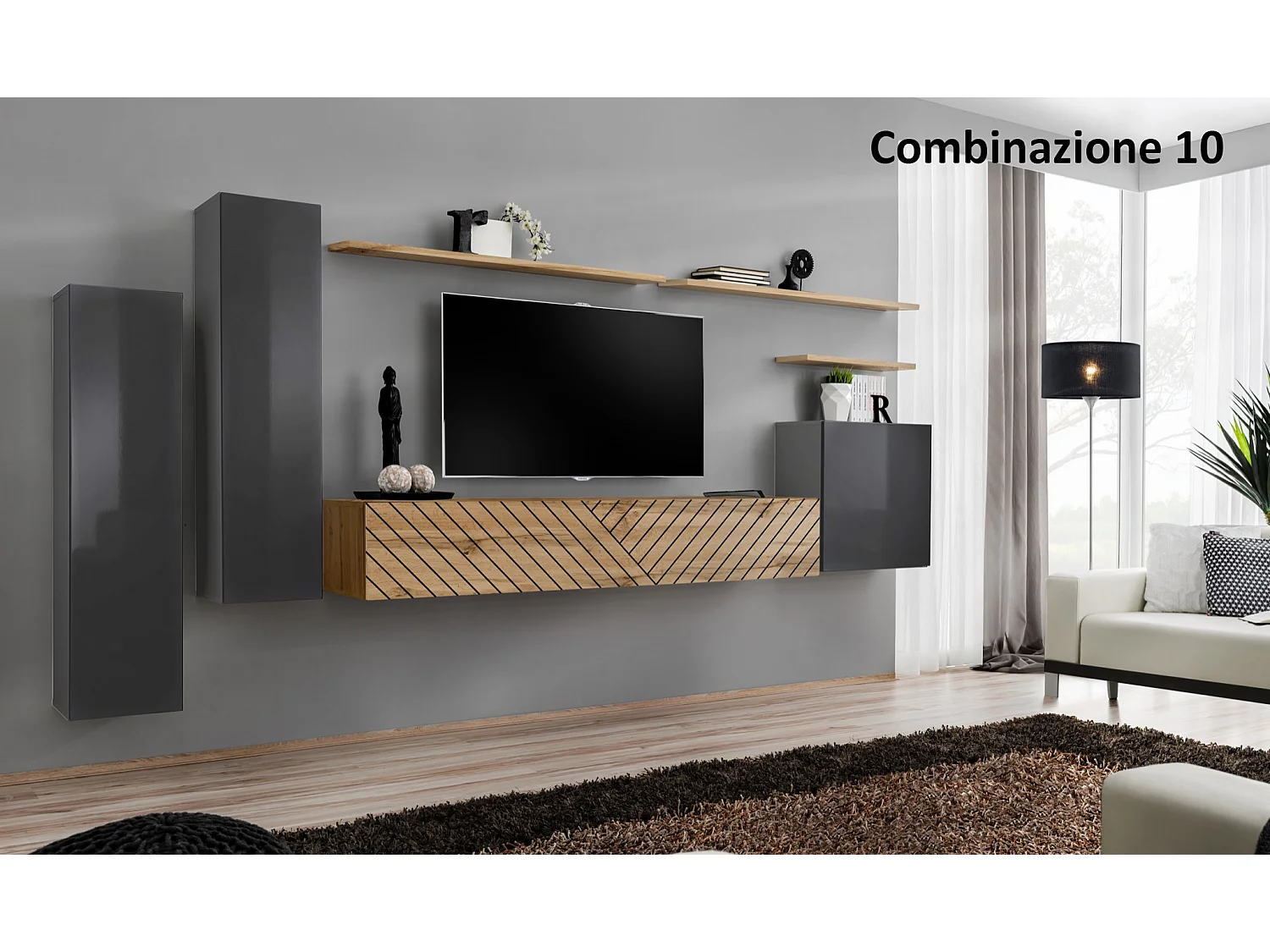 Parete attrezzata moderna sospesa PAP45 330x160 grigio e rovere