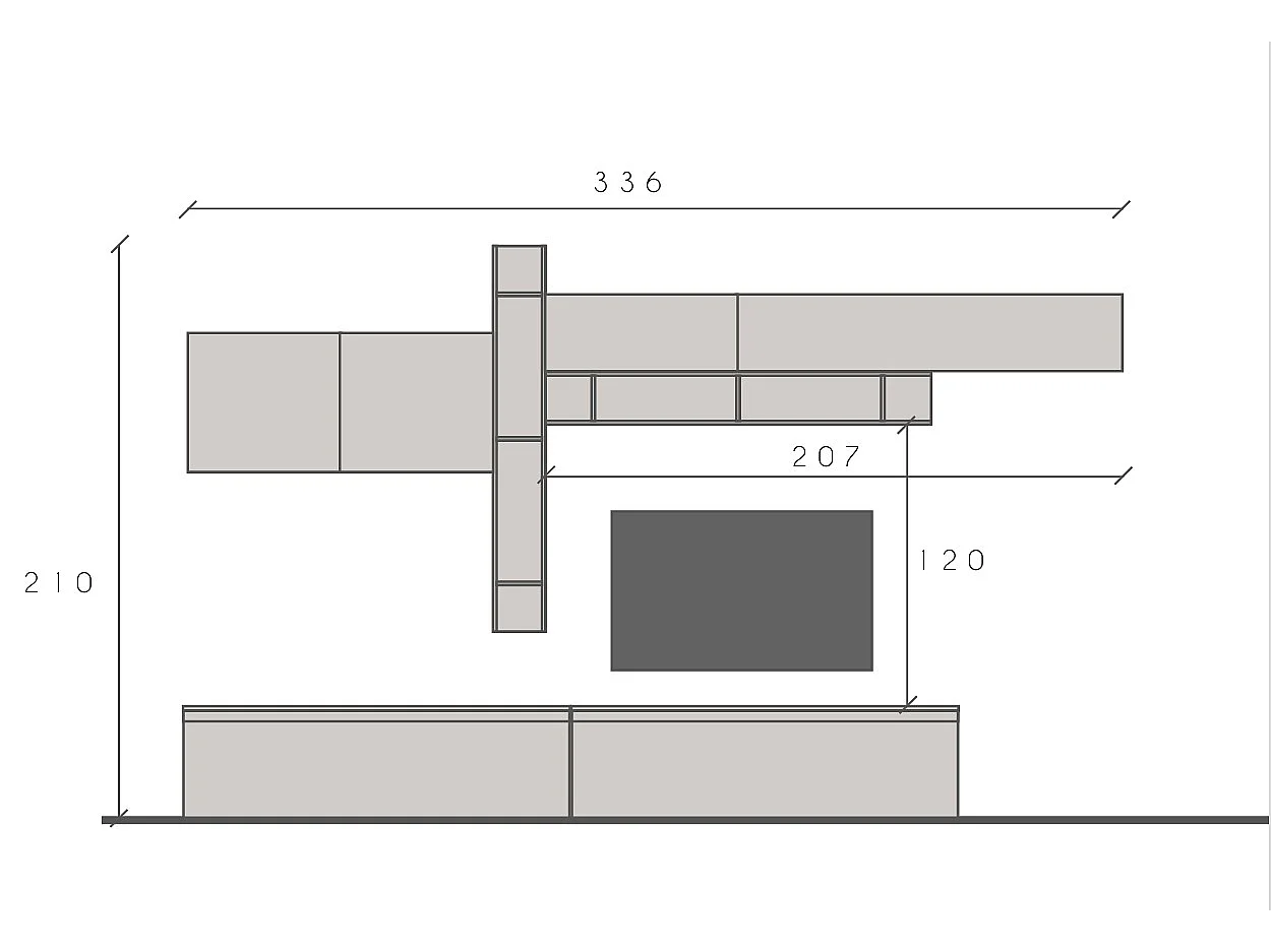 Parete attrezzata elegante 336x210 cm bianco lucido e grigio chiaro PAL40