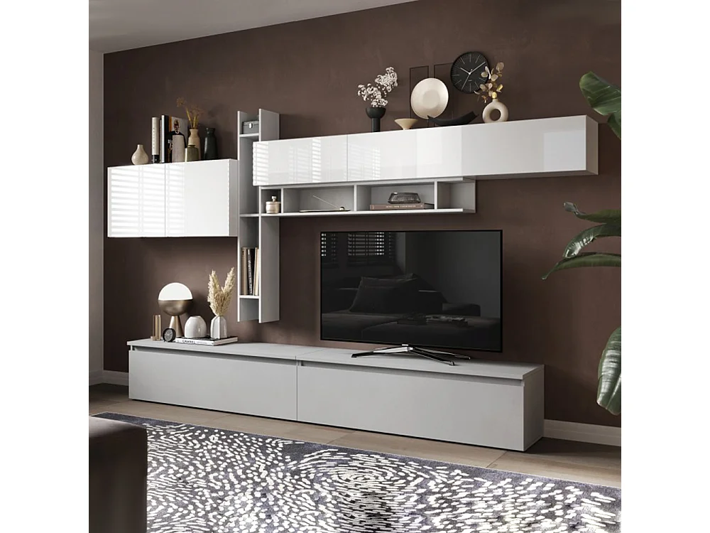 Parete attrezzata elegante 336x210 cm bianco lucido e grigio chiaro PAL40