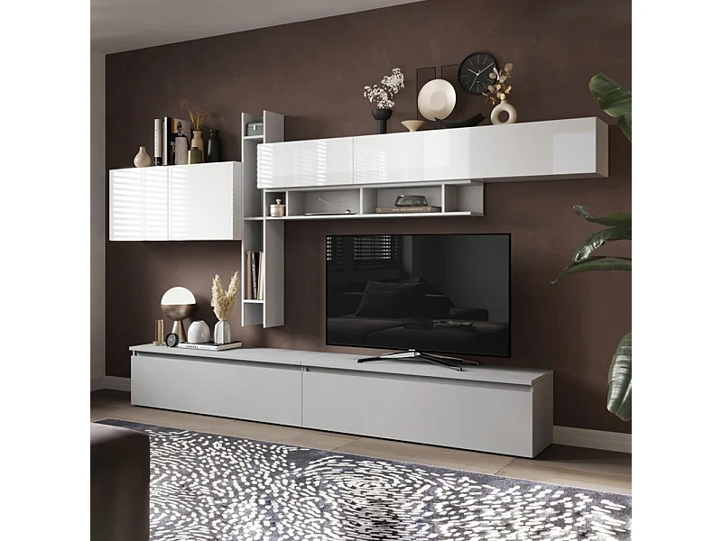 Parete attrezzata elegante 336x210 cm bianco lucido e grigio chiaro PAL40