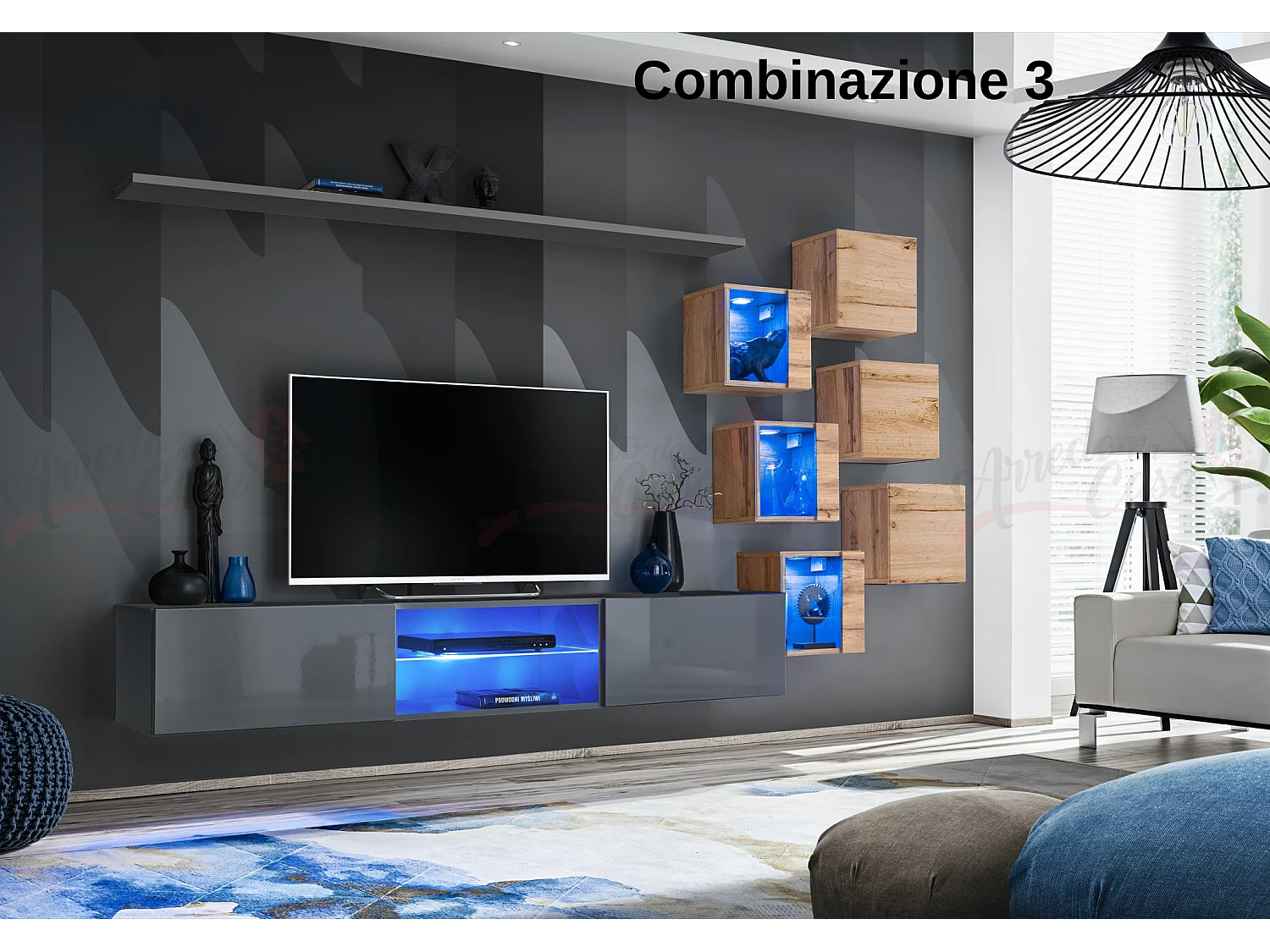 Parete attrezzata soggiorno con mobile TV sospeso 260x150 grigio e rovere PAP67