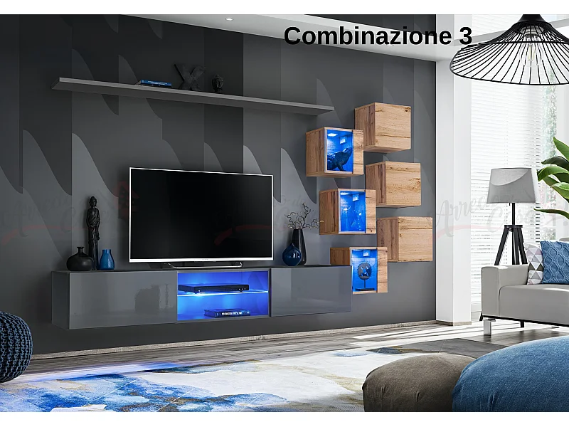 Parete attrezzata soggiorno con mobile TV sospeso 260x150 grigio e rovere PAP67