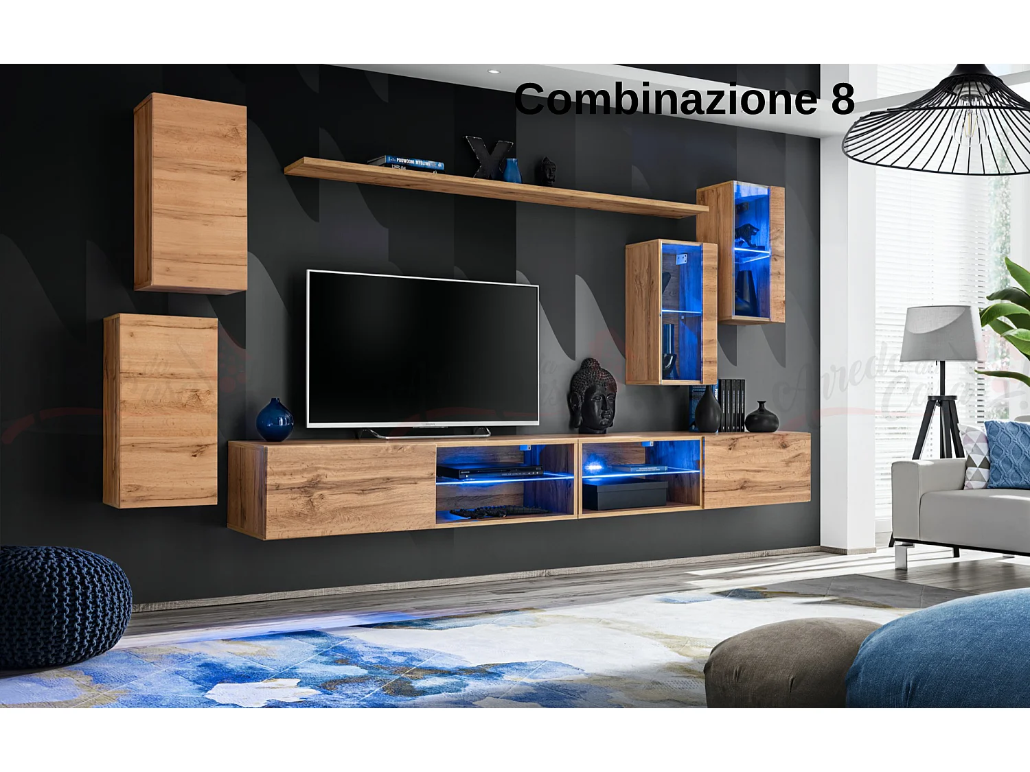 Parete attrezzata da soggiorno moderna con luci led 280x140 rovere PAP71