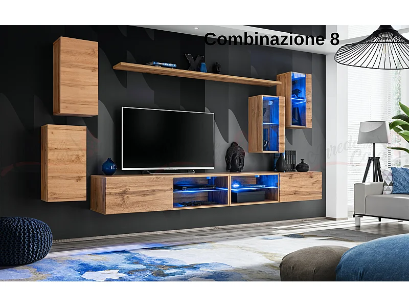 Parete attrezzata da soggiorno moderna con luci led 280x140 rovere PAP71