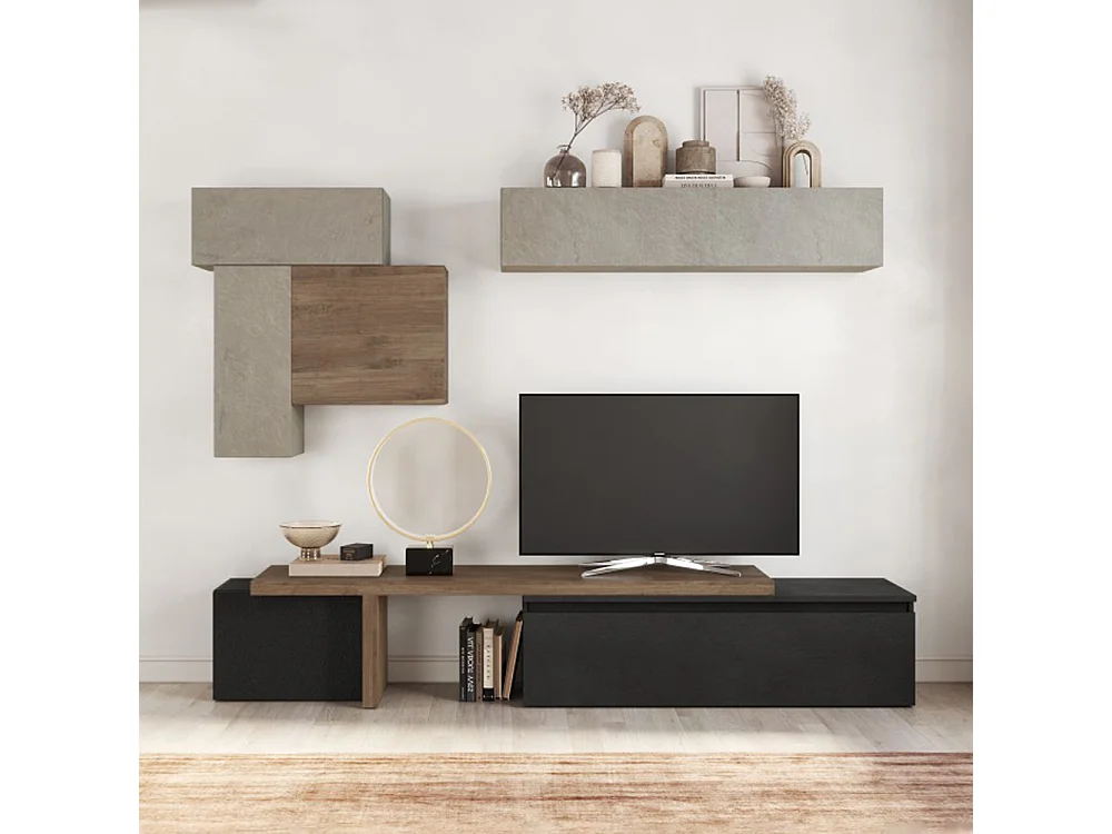 Parete attrezzata componibile 280x180 cm argilla, grafite e noce PAL42