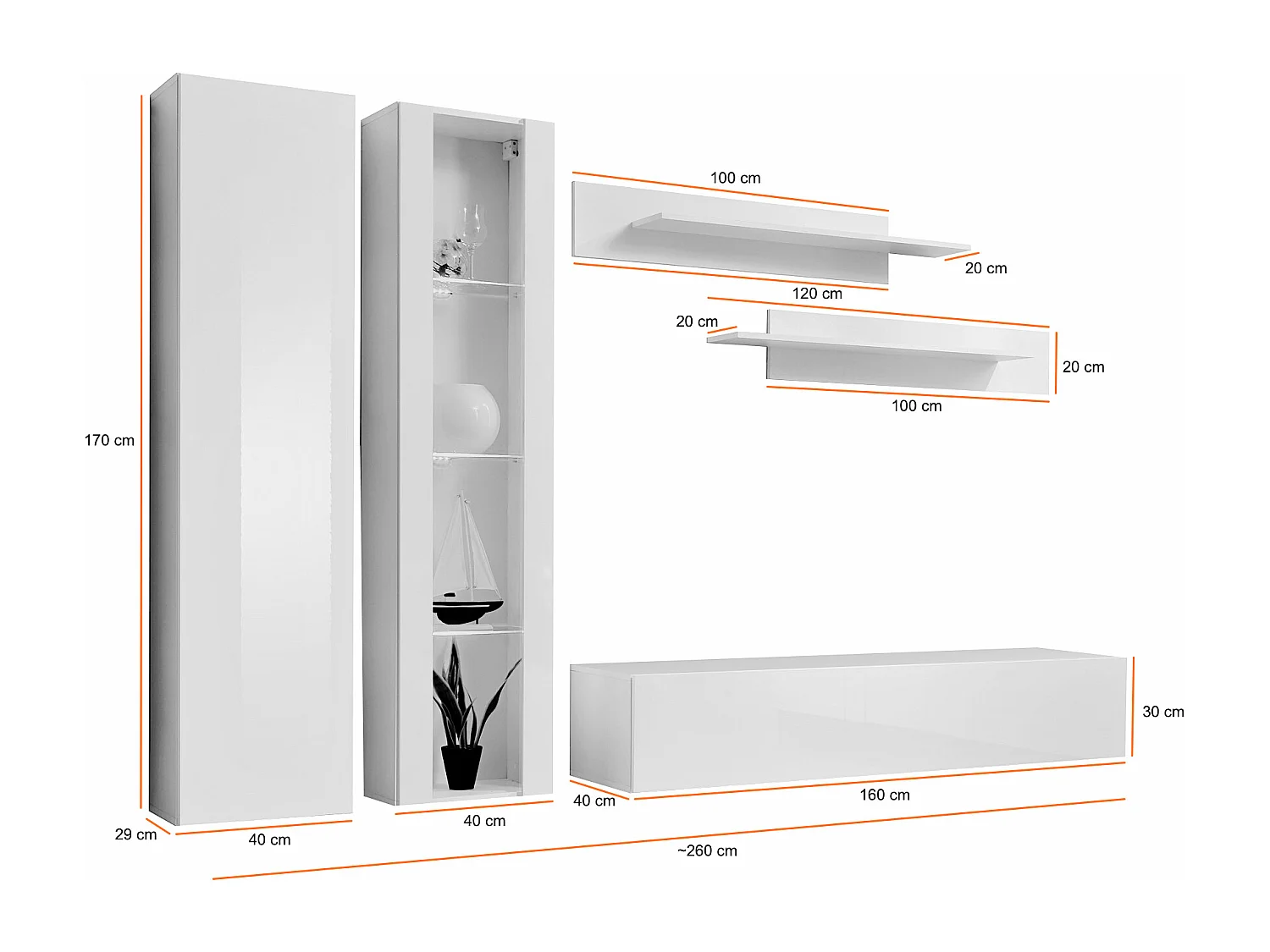 Parete attrezzata moderna da soggiorno completa 260x190 bianco PAP84
