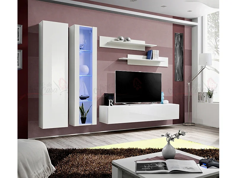 Parete attrezzata moderna da soggiorno completa 260x190 bianco PAP84