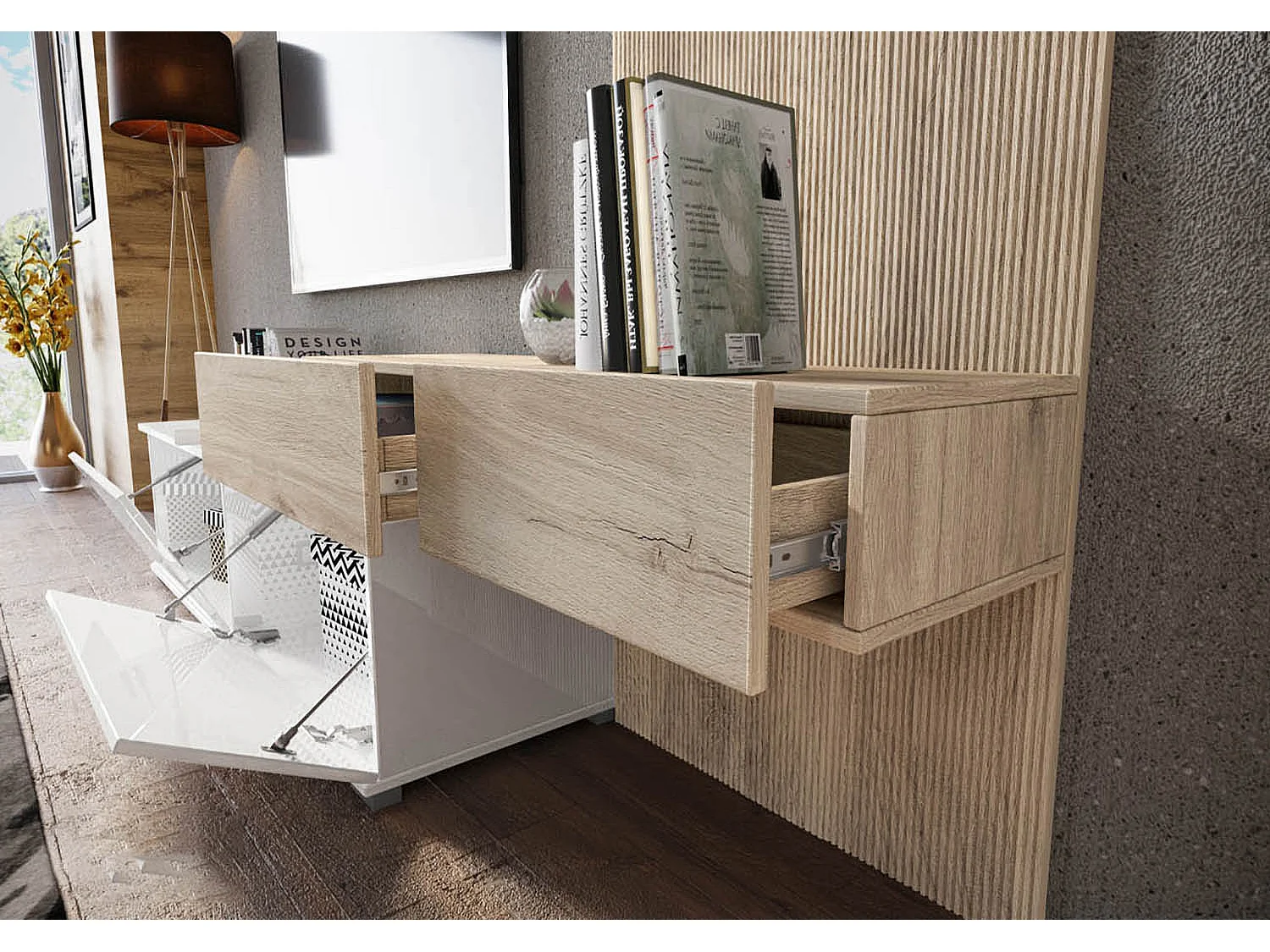 Parete attrezzata 205x200 cm rovere chiaro e bianco lucido PAI36