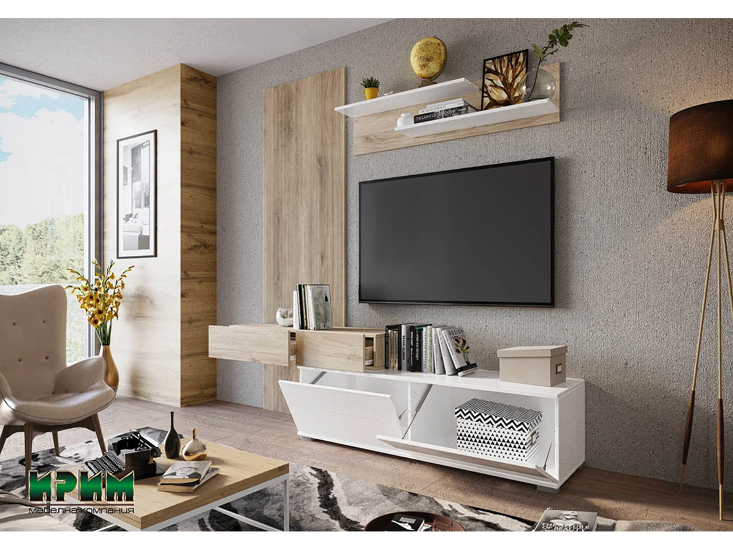 Parete attrezzata 205x200 cm rovere chiaro e bianco lucido PAI36