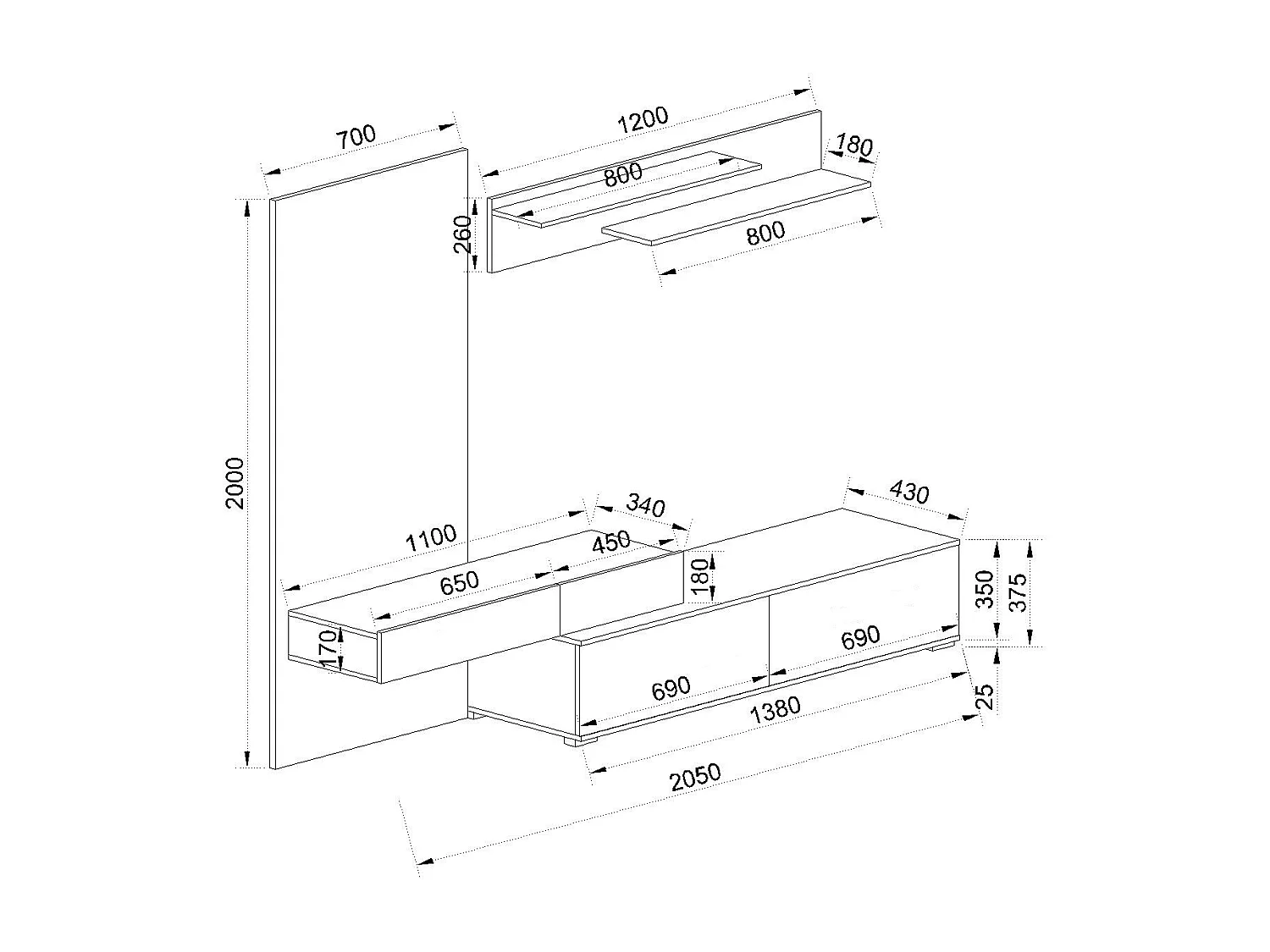 Parete attrezzata 205x200 cm rovere chiaro e bianco lucido PAI36