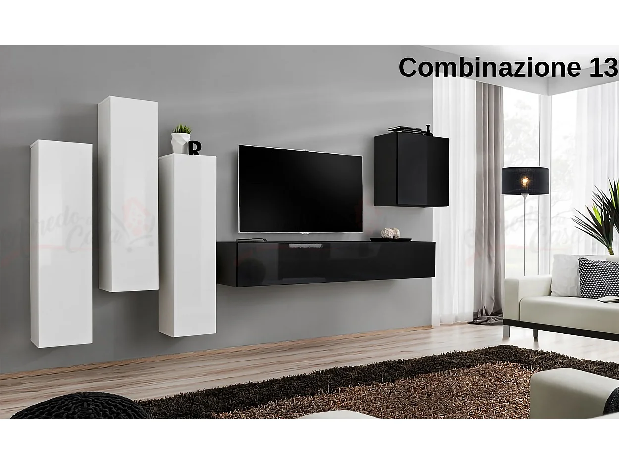 Parete attrezzata soggiorno sospesa PAP47 270x160 bianco e nero