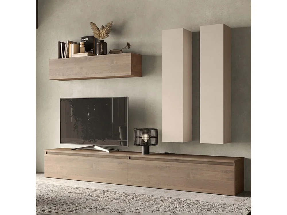 Parete attrezzata soggiorno 276x205 cm beige e noce PAL54
