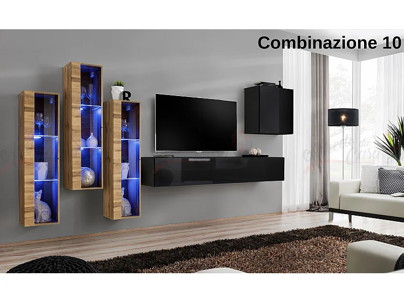 Parete attrezzata da soggiorno con luci LED 270x160 rovere e nero PAP57