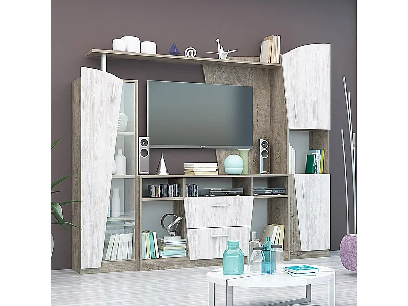 Parete attrezzata contemporanea in rovere scuro e bianco legno SG26