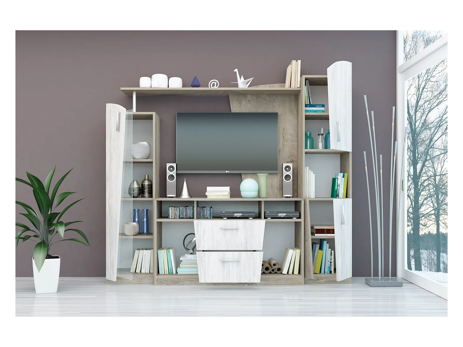 Parete attrezzata contemporanea in rovere scuro e bianco legno SG26