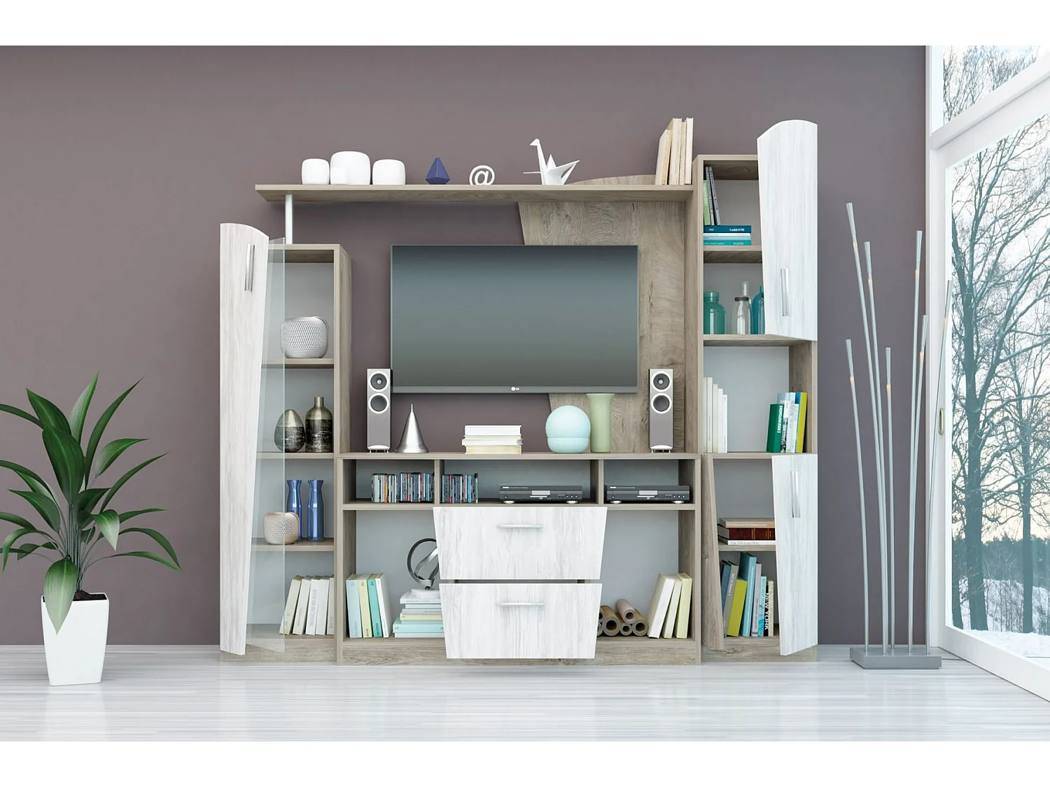 Parete attrezzata contemporanea in rovere scuro e bianco legno SG26