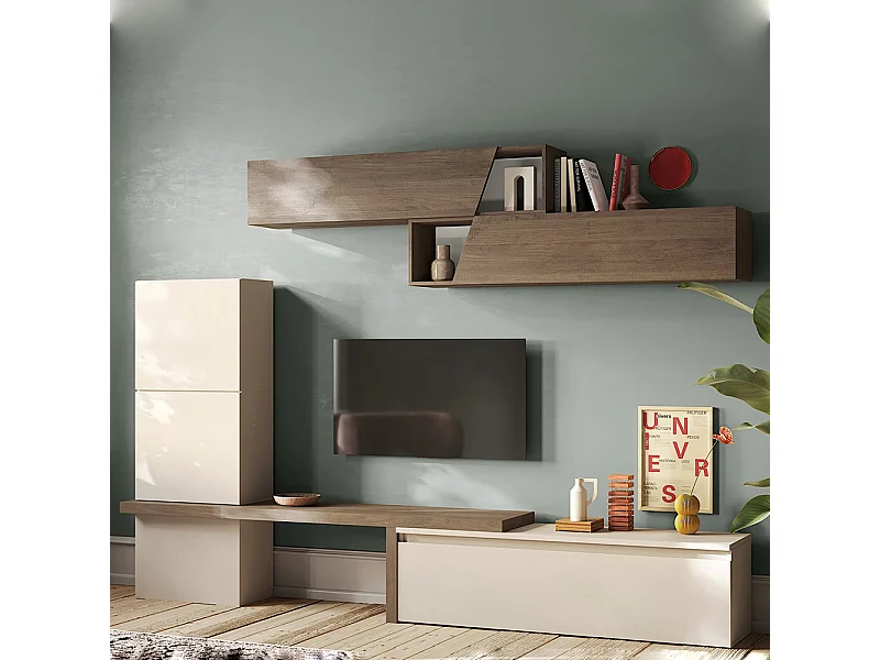 Parete attrezzata soggiorno 280x202 cm beige e noce PAL65
