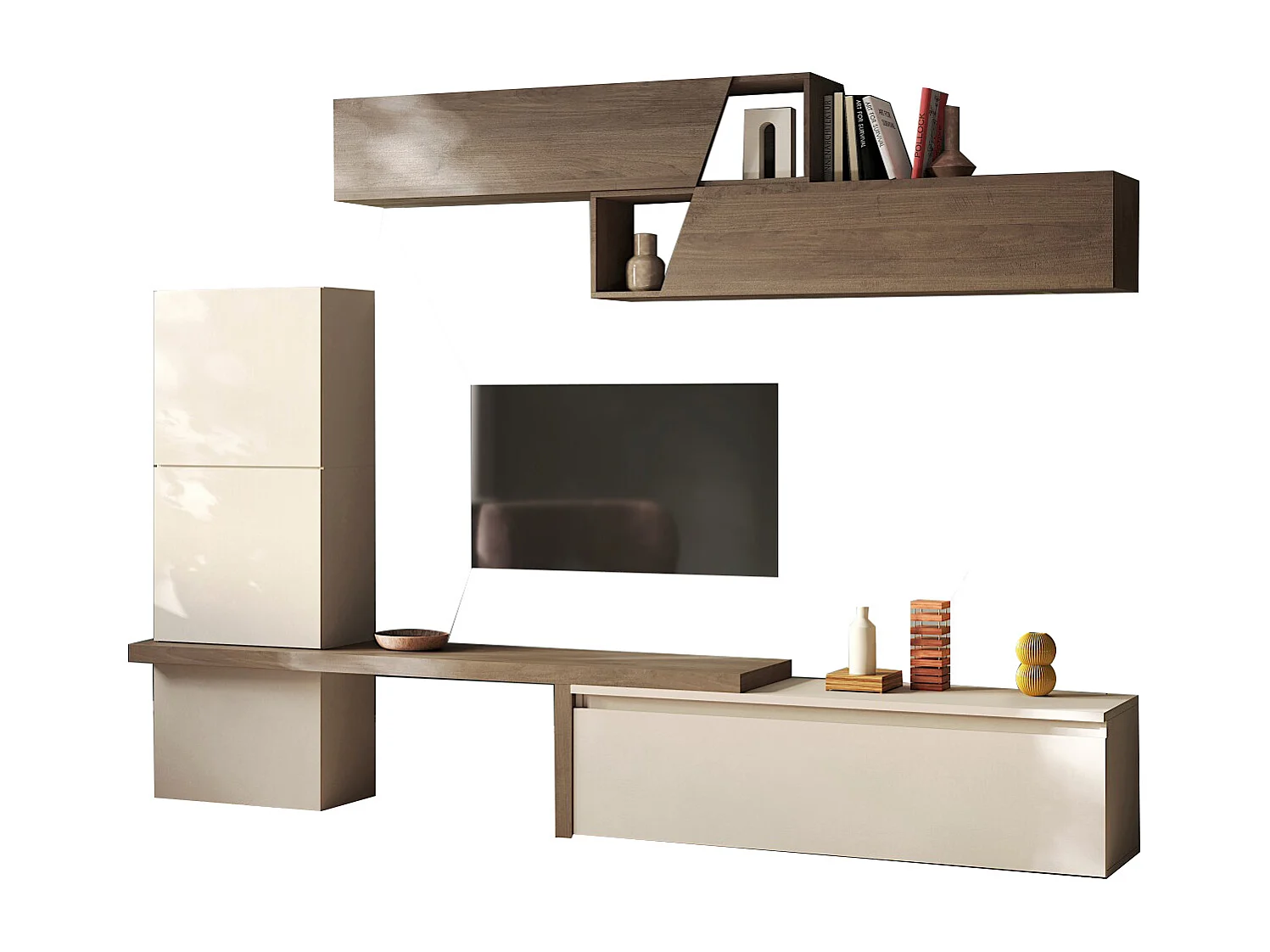 Parete attrezzata soggiorno 280x202 cm beige e noce PAL65