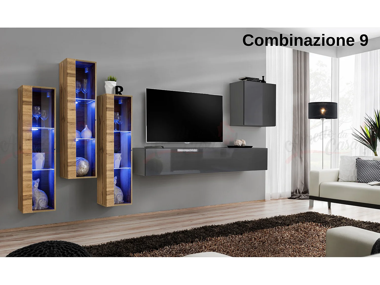 Parete attrezzata da soggiorno con luci LED 270x160 rovere e grigio PAP57