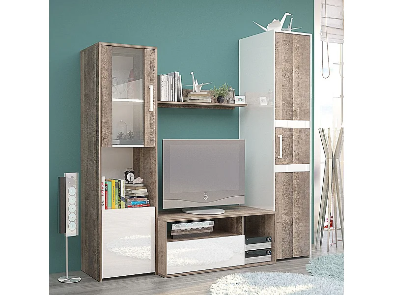 Parete attrezzata moderna con vetrinetta in rovere antico e bianco lucido SG28