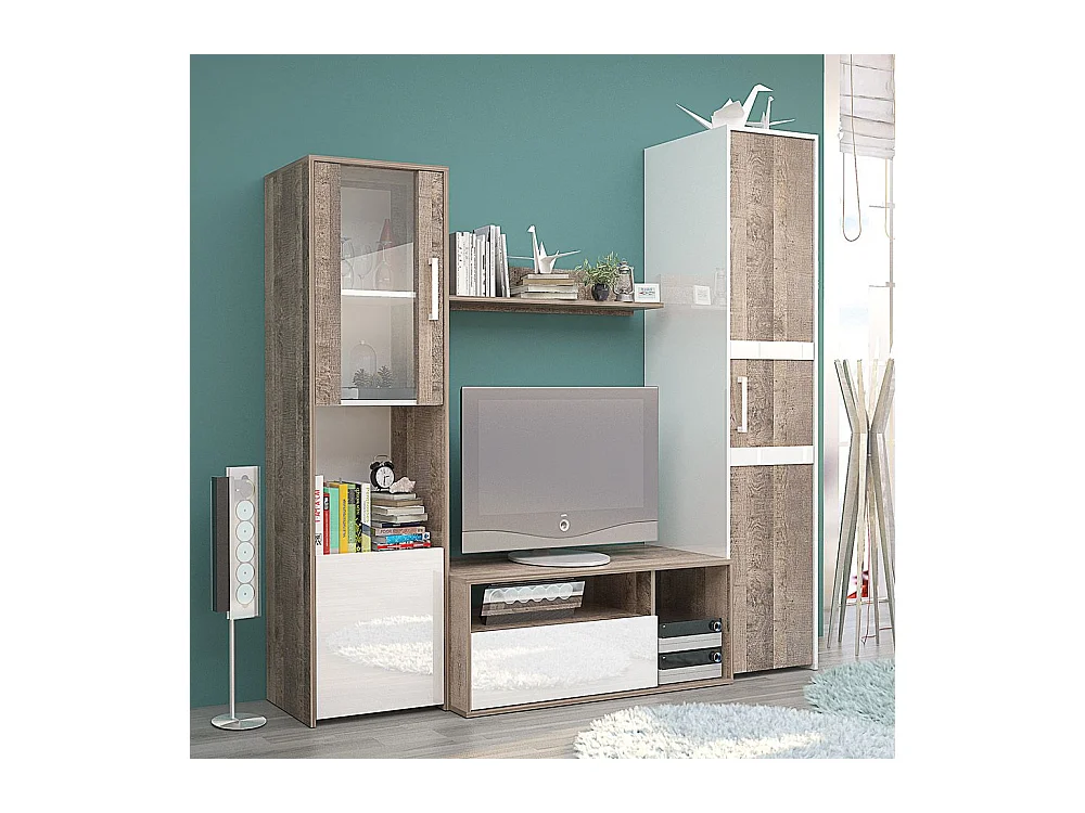 Parete attrezzata moderna con vetrinetta in rovere antico e bianco lucido SG28