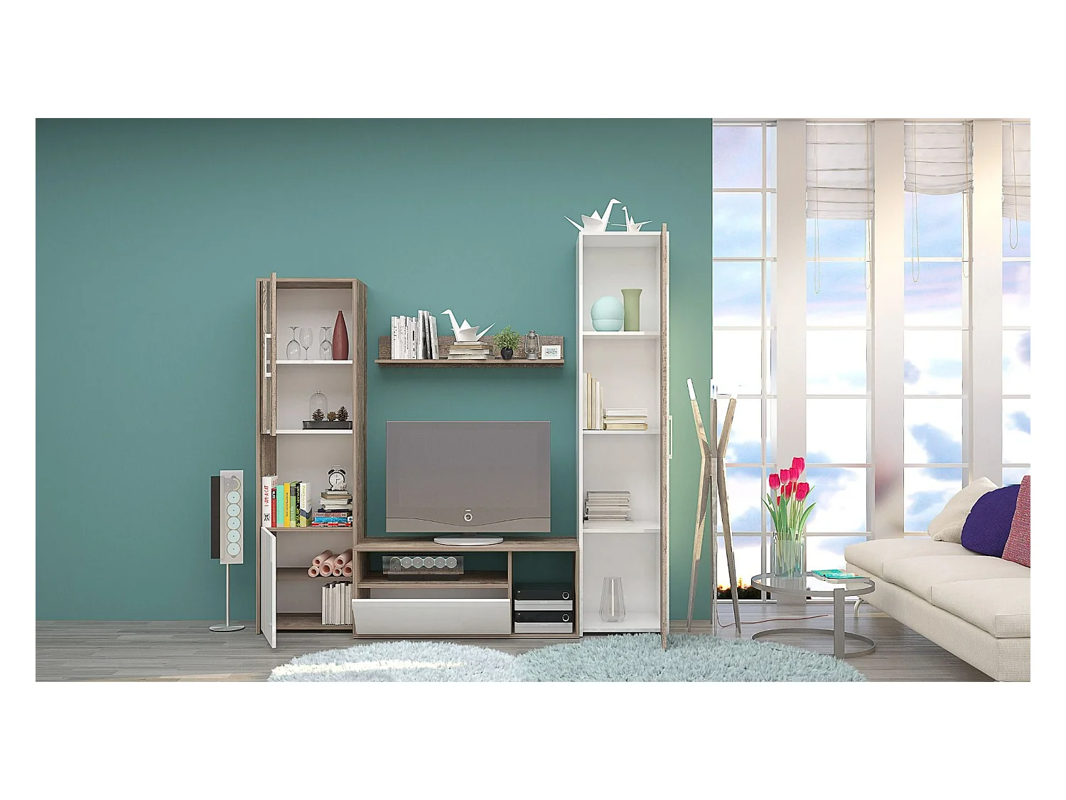 Parete attrezzata moderna con vetrinetta in rovere antico e bianco lucido SG28