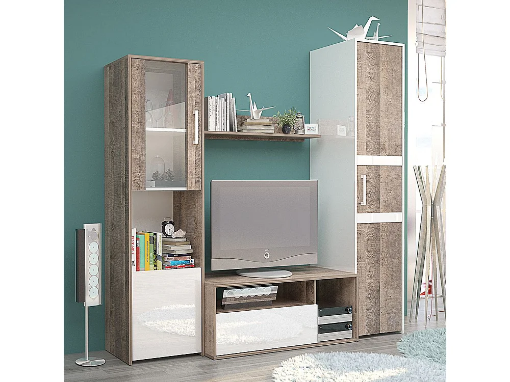 Parete attrezzata moderna con vetrinetta in rovere antico e bianco lucido SG28