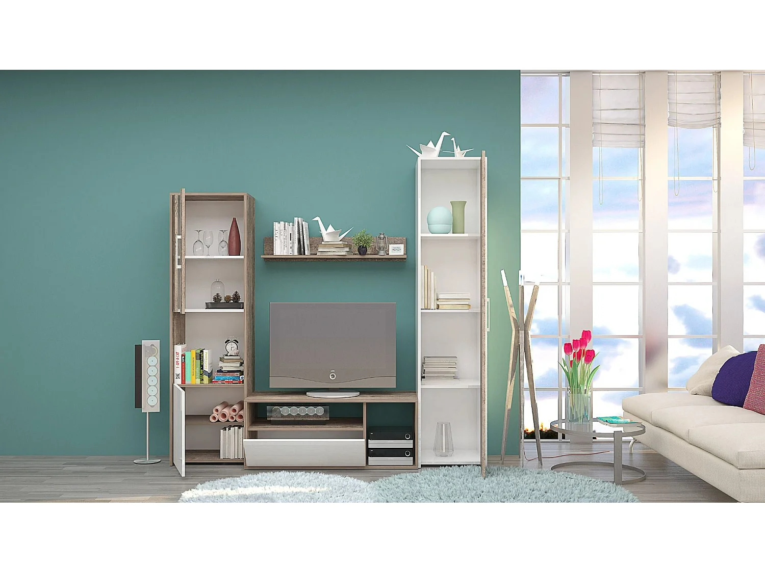 Parete attrezzata moderna con vetrinetta in rovere antico e bianco lucido SG28