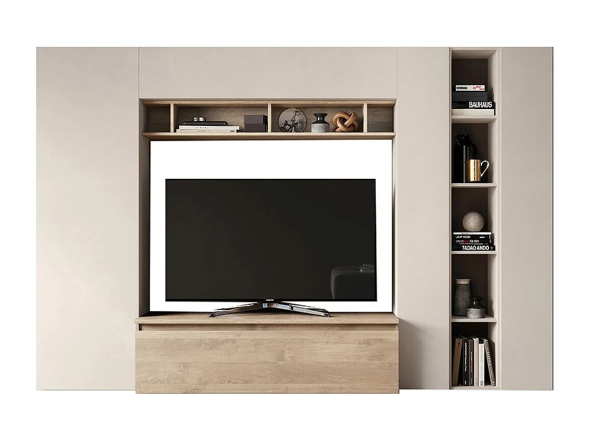 Parete attrezzata con libreria 277x186 cm rovere e beige PAL56