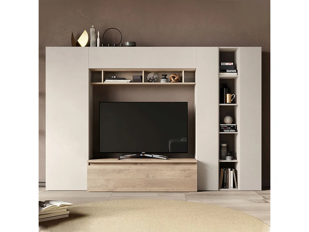 Parete attrezzata con libreria 277x186 cm rovere e beige PAL56
