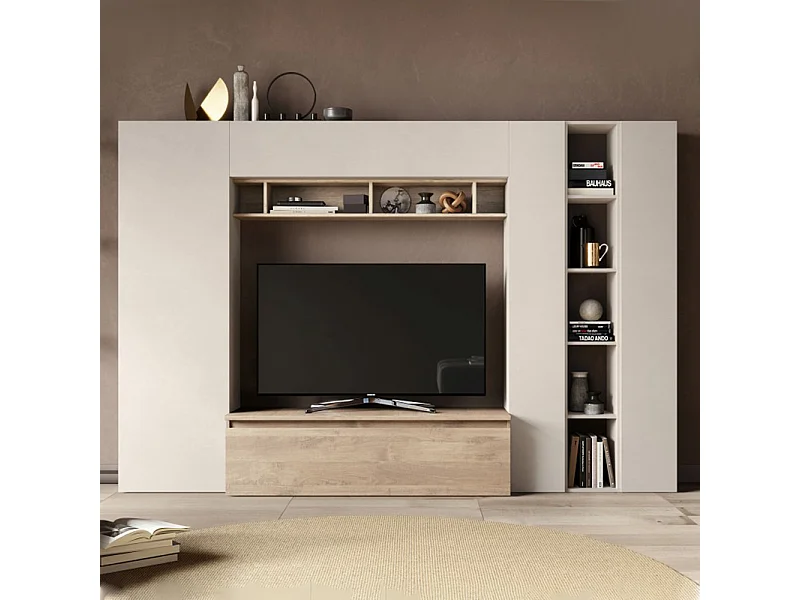 Parete attrezzata con libreria 277x186 cm rovere e beige PAL56