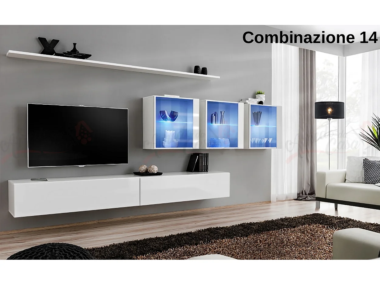 Parete attrezzata design moderno con vetrina 340x150 bianco PAP61