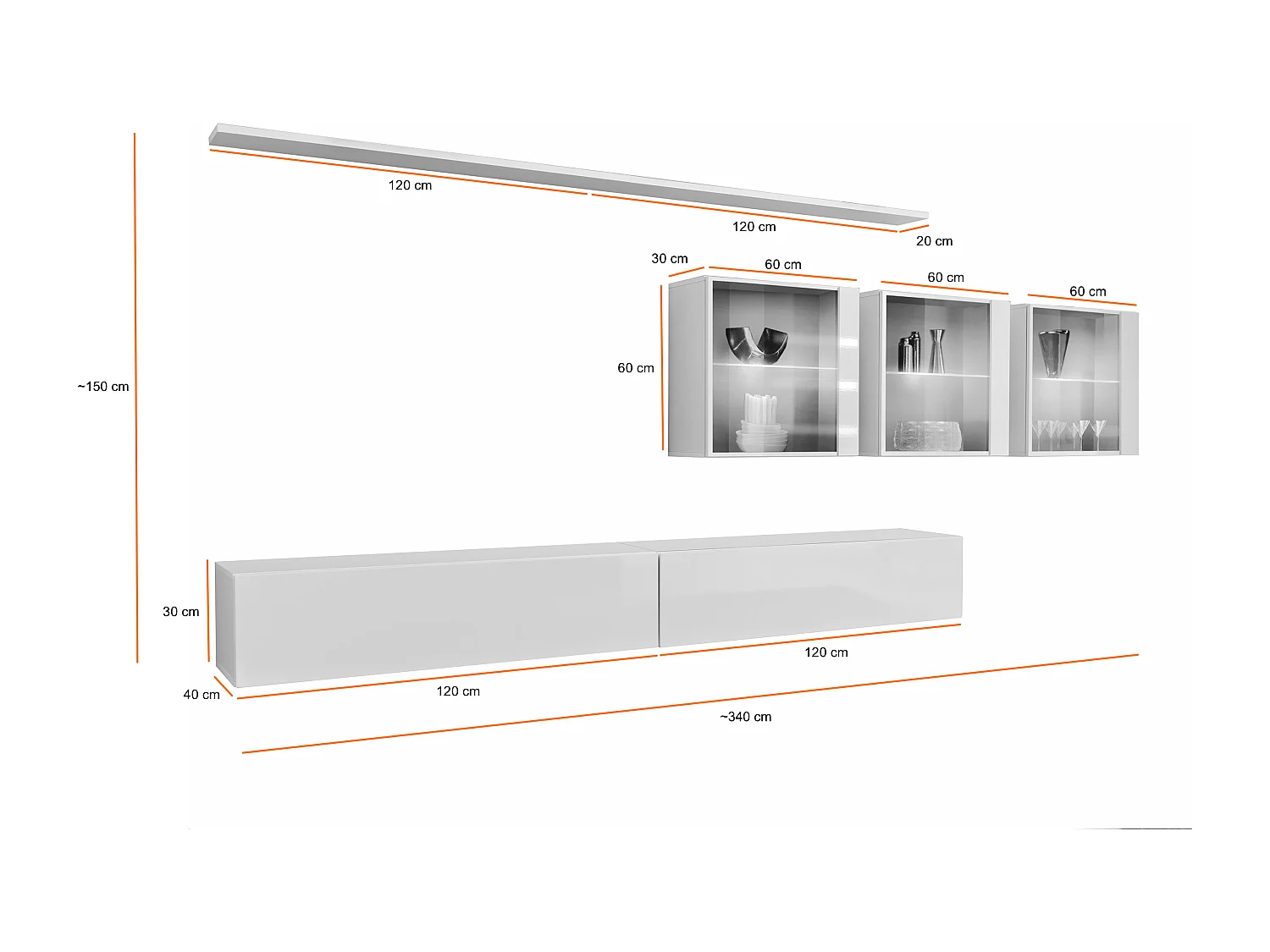Parete attrezzata design moderno con vetrina 340x150 bianco PAP61