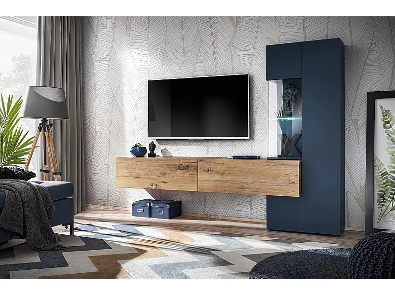 Parete attrezzata sospesa blu scuro 210x162 PAP144 rovere e blu scuro