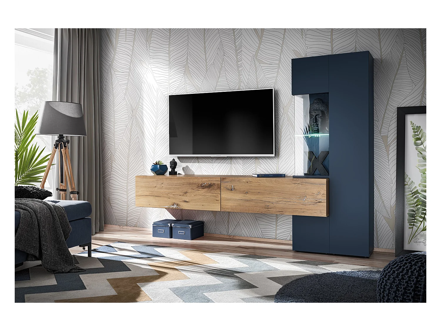 Parete attrezzata sospesa blu scuro 210x162 PAP144 rovere e blu scuro