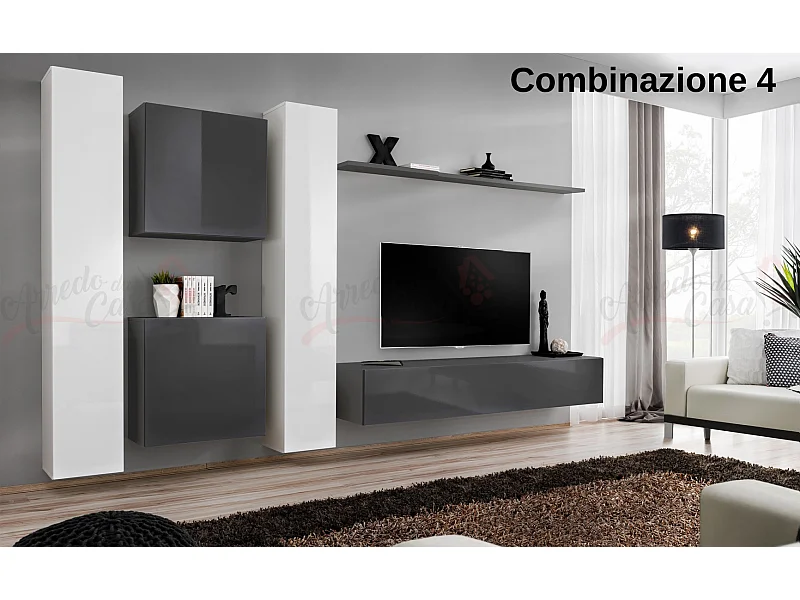 Parete attrezzata moderna sospesa PAP50 330x180 bianco e grigio