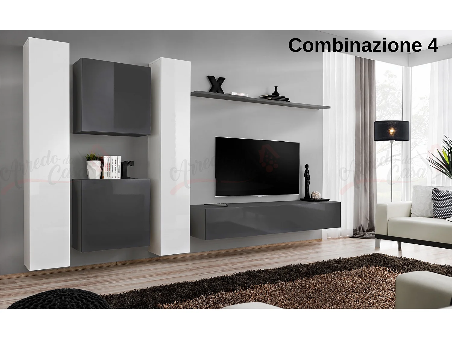 Parete attrezzata moderna sospesa PAP50 330x180 bianco e grigio